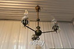 Antique Ornate 3 Arms Brass Oil Lamp Chandelier Adjustable Bradley & Hubbard