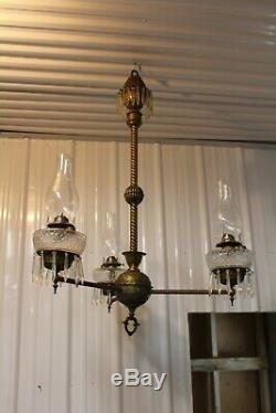 Antique Ornate 3 Arms Brass Oil Lamp Chandelier Adjustable Bradley & Hubbard