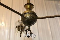 Antique Ornate 3 Arms Brass Oil Lamp Chandelier Adjustable Bradley & Hubbard