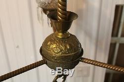 Antique Ornate 3 Arms Brass Oil Lamp Chandelier Adjustable Bradley & Hubbard