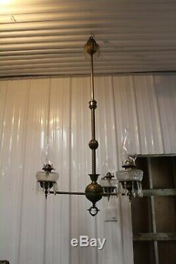 Antique Ornate 3 Arms Brass Oil Lamp Chandelier Adjustable Bradley & Hubbard