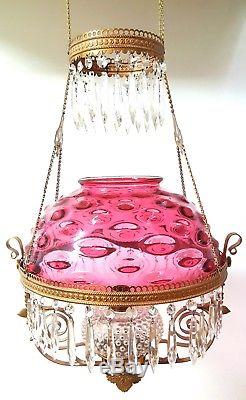 Antique Ornate Brass Cranberry Glass 14 Hobnail Shade Hanging Library Oil Lamp
