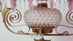 Antique Ornate Brass Cranberry Glass 14 Hobnail Shade Hanging Library Oil Lamp