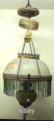 Antique Ornate Brass HP Floral Milk Glass Shade & Font Hanging Library Lamp