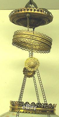 Antique Ornate Brass HP Floral Milk Glass Shade & Font Hanging Library Lamp