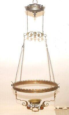 Antique Ornate Brass Hanging Library Oil Lamp Frame Fixture Red Faceted Jewels