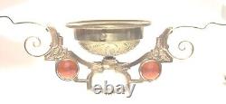 Antique Ornate Brass Hanging Library Oil Lamp Frame Fixture Red Faceted Jewels