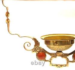 Antique Ornate Brass Hanging Library Oil Lamp Frame Fixture Red Faceted Jewels