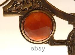 Antique Ornate Brass Hanging Library Oil Lamp Frame Fixture Red Faceted Jewels
