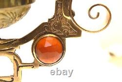 Antique Ornate Brass Hanging Library Oil Lamp Frame Fixture Red Faceted Jewels