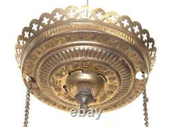 Antique Ornate Brass Hanging Library Oil Lamp Frame Fixture Red Faceted Jewels