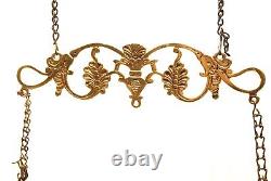 Antique Ornate Brass Hanging Library Oil Lamp Frame Fixture Red Faceted Jewels