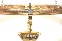 Antique Ornate Brass Hanging Library Oil Lamp Frame Fixture Red Faceted Jewels