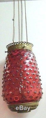 Antique Ornate Brass w Cranberry Glass Hobnail Shade Hanging Hall Lamp