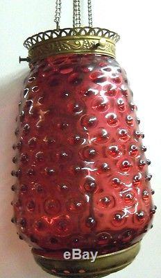 Antique Ornate Brass w Cranberry Glass Hobnail Shade Hanging Hall Lamp