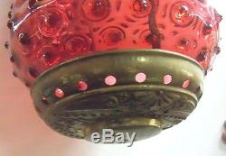 Antique Ornate Brass w Cranberry Glass Hobnail Shade Hanging Hall Lamp