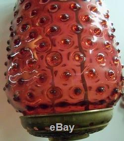 Antique Ornate Brass w Cranberry Glass Hobnail Shade Hanging Hall Lamp