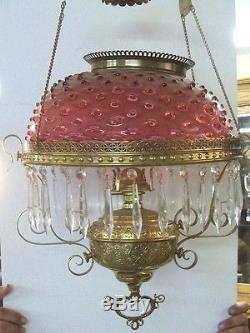 Antique Ornate Brass w Cranberry Glass Hobnail Shade Hanging Library Oil Lamp