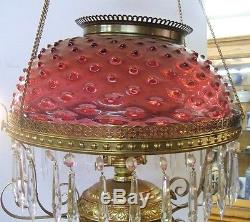 Antique Ornate Brass w Cranberry Glass Hobnail Shade Hanging Library Oil Lamp