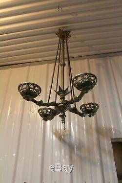 Antique Ornate Cast Iron 4 Arms Bradley & Hubbard Oil Lamp Chandelier Adjustable