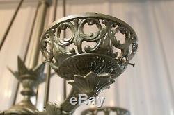 Antique Ornate Cast Iron 4 Arms Bradley & Hubbard Oil Lamp Chandelier Adjustable