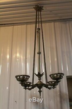 Antique Ornate Cast Iron 4 Arms Bradley & Hubbard Oil Lamp Chandelier Adjustable
