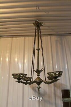 Antique Ornate Cast Iron 4 Arms Bradley & Hubbard Oil Lamp Chandelier Adjustable