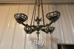 Antique Ornate Cast Iron 4 Arms Bradley & Hubbard Oil Lamp Chandelier Adjustable