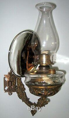 Antique Ornate Cast Iron Wall Bracket Victorian Oil Lamp Mercury Glass Reflector