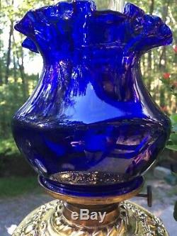 Antique Ornate Metal Parlor Oil Lamp Cherubs Floral Design Cobalt Blue Shade