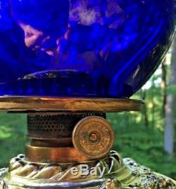 Antique Ornate Metal Parlor Oil Lamp Cherubs Floral Design Cobalt Blue Shade