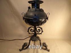 Antique Ornate Oil Lamp with Ornate Iron Base