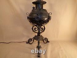 Antique Ornate Oil Lamp with Ornate Iron Base