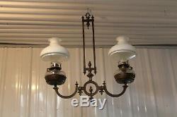 Antique Ornate Victorian Cast Iron 2 Arms Oil Lamp Chandelier With Great Oil Lam