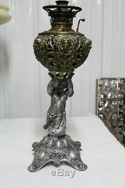 Antique Ornate Victorian Cherub Banquet Oil Lamp Kerosene Figural Font Gwtw