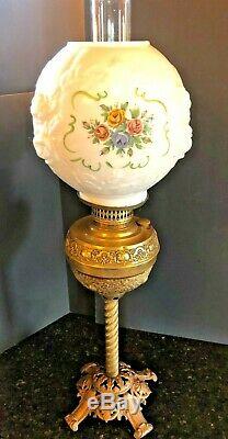 Antique Ornate Victorian Parlor Oil Lamp Brass Hand Painted Globe Pedestal Lamp