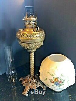 Antique Ornate Victorian Parlor Oil Lamp Brass Hand Painted Globe Pedestal Lamp