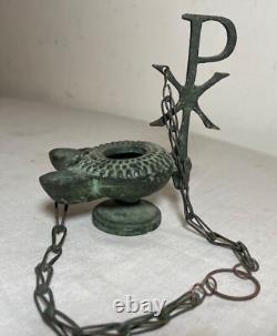 Antique PYX Byzantine religious cast bronze dual spout hanging oil lamp