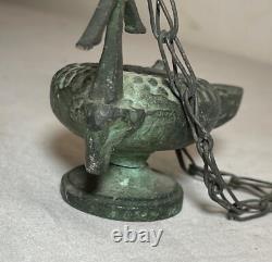 Antique PYX Byzantine religious cast bronze dual spout hanging oil lamp