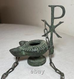 Antique PYX Byzantine religious cast bronze dual spout hanging oil lamp