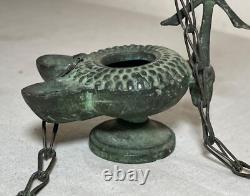 Antique PYX Byzantine religious cast bronze dual spout hanging oil lamp