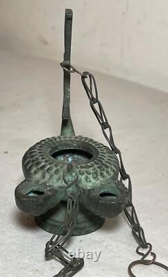 Antique PYX Byzantine religious cast bronze dual spout hanging oil lamp