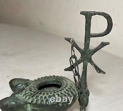 Antique PYX Byzantine religious cast bronze dual spout hanging oil lamp