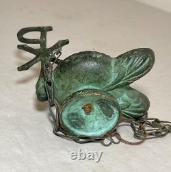 Antique PYX Byzantine religious cast bronze dual spout hanging oil lamp