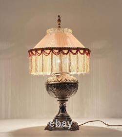 Antique P&A Art Deco Victorian Boudoir Beaded Fringe Oil Converted Electric Lamp