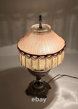Antique P&A Art Deco Victorian Boudoir Beaded Fringe Oil Converted Electric Lamp