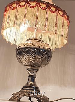 Antique P&A Art Deco Victorian Boudoir Beaded Fringe Oil Converted Electric Lamp