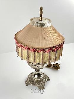 Antique P&A Art Deco Victorian Boudoir Beaded Fringe Oil Converted Electric Lamp