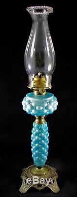 Antique P&A Oil Kerosene Pedestal Lamp Blue Satin Uranium Glass Quilted Diamond