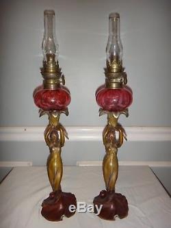 Antique Pair Cold Painted Spelter Figural Flowers Women Cranberry Glass OIl Lamp